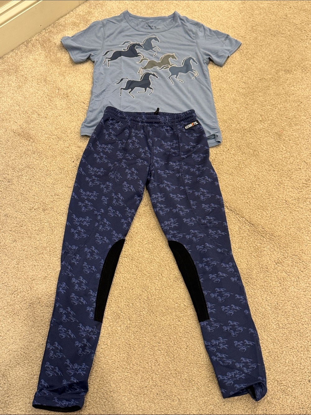 Girls M Kerrits Light Blue Top with Navy Horse-Print Tights Kids Matching Set